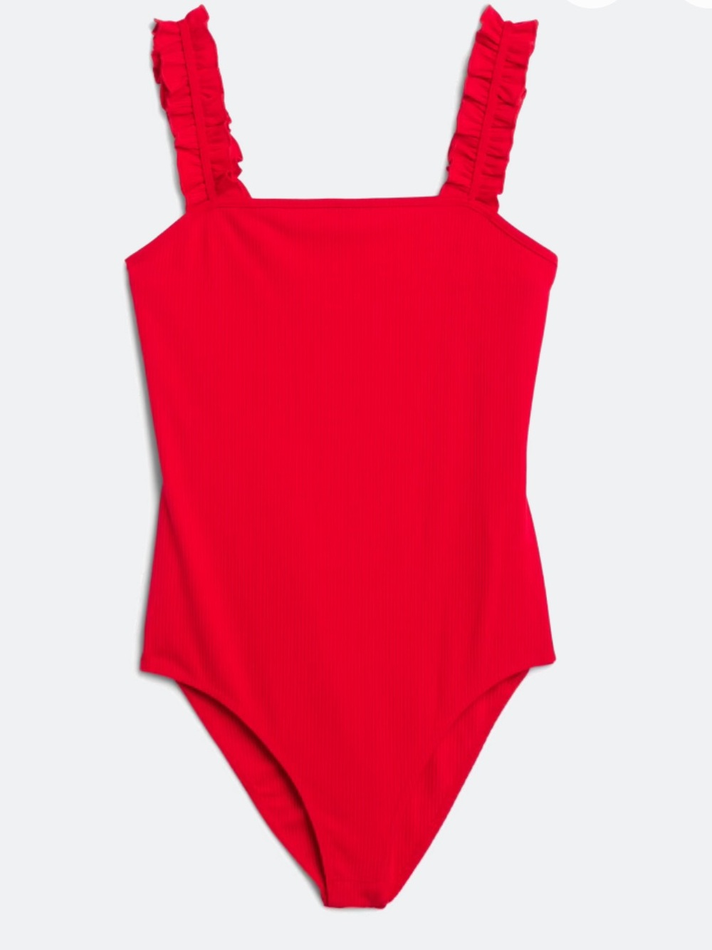 Kaileigh Red Ribbed Ruffle Strap Bodysuit – Size Large